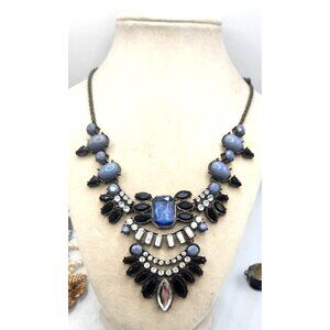 Statement Necklace With Blue & Black Gemstones Rhinestones & Chain Design For Wo
